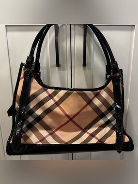 Burberry Ashmore Supernova Check Shoulder Bag Black Patent Trim Authentic Flaws